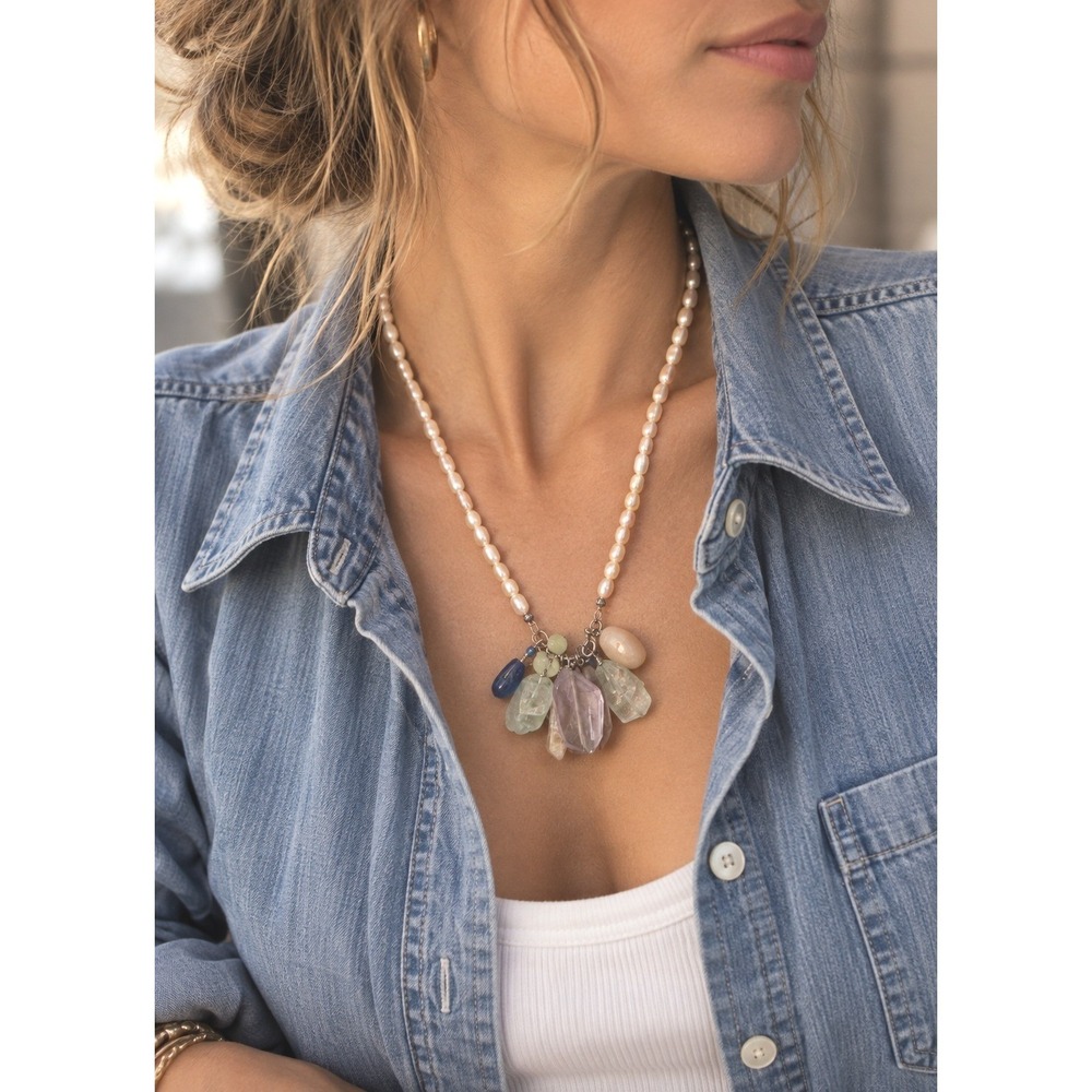 Freshwater Pearl Raw Gemstone Cluster Necklace Amethyst Fluorite Kyanite Pink ec